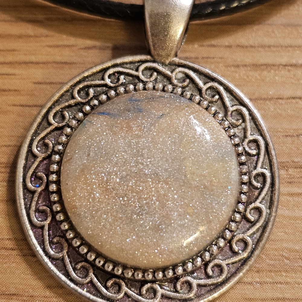 Pretty Handmade Polymer Clay And Metal Unisex Pendant On 18" Black Waxed Cord